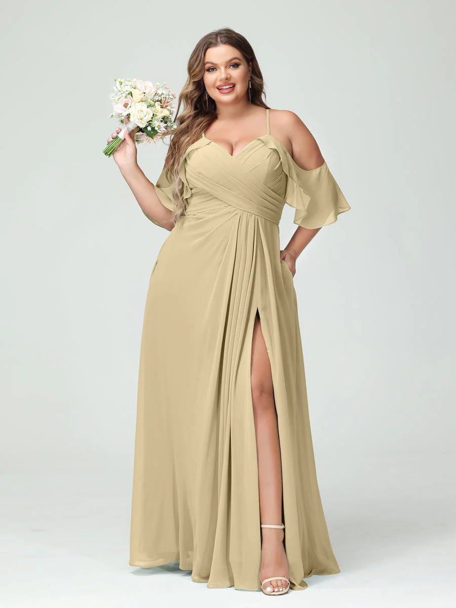 A-Line/Princess Spaghetti Straps Short Sleeves Chiffon Plus Size Bridesmaid Dresses with Pockets,Ruched Split Side - Image 25