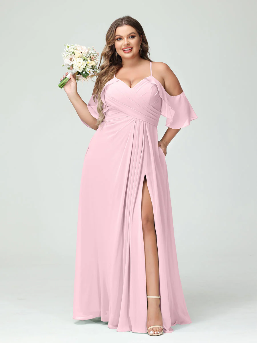 A-Line/Princess Spaghetti Straps Short Sleeves Chiffon Plus Size Bridesmaid Dresses with Pockets,Ruched Split Side - Image 26