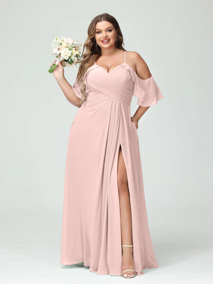 A-Line/Princess Spaghetti Straps Short Sleeves Chiffon Plus Size Bridesmaid Dresses with Pockets,Ruched Split Side - Image 27