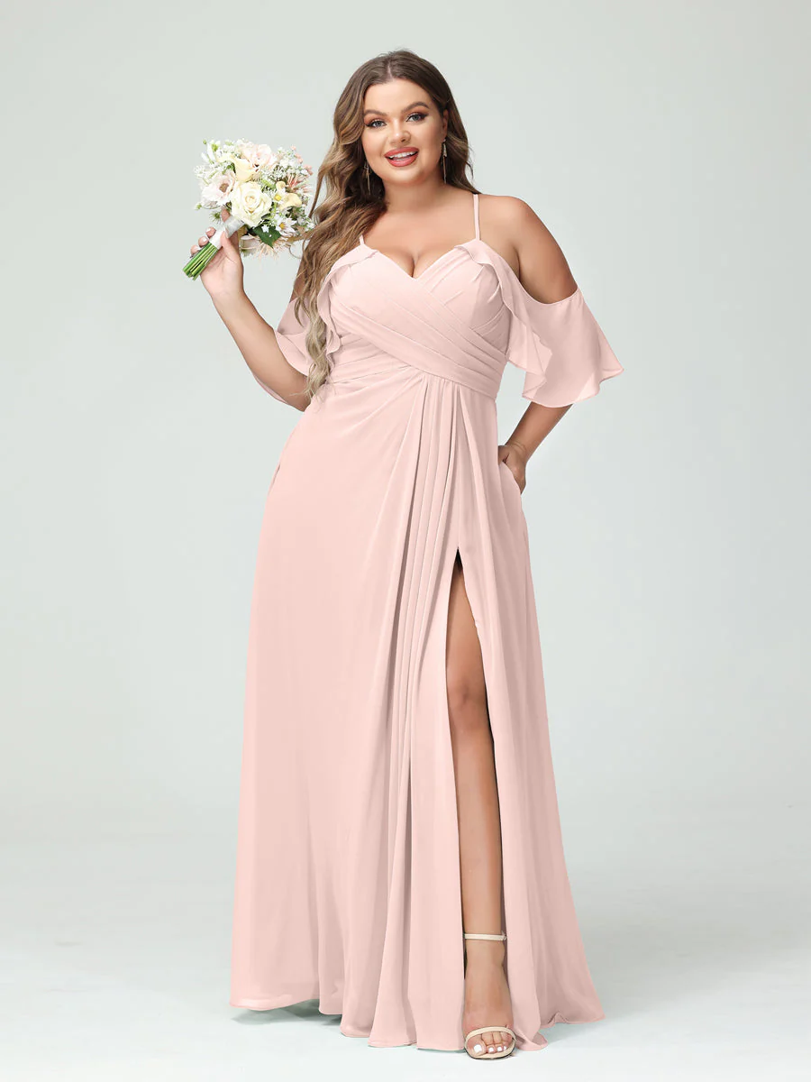 A-Line/Princess Spaghetti Straps Short Sleeves Chiffon Plus Size Bridesmaid Dresses with Pockets,Ruched Split Side - Image 28