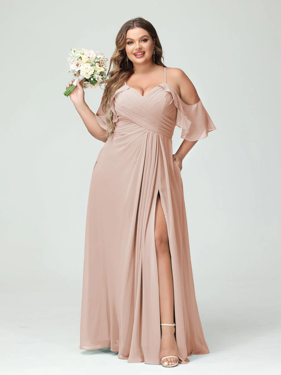 A-Line/Princess Spaghetti Straps Short Sleeves Chiffon Plus Size Bridesmaid Dresses with Pockets,Ruched Split Side - Image 29