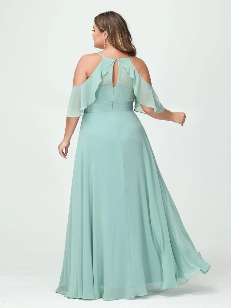 A-Line/Princess Spaghetti Straps Short Sleeves Chiffon Plus Size Bridesmaid Dresses with Pockets,Ruched Split Side - Image 3