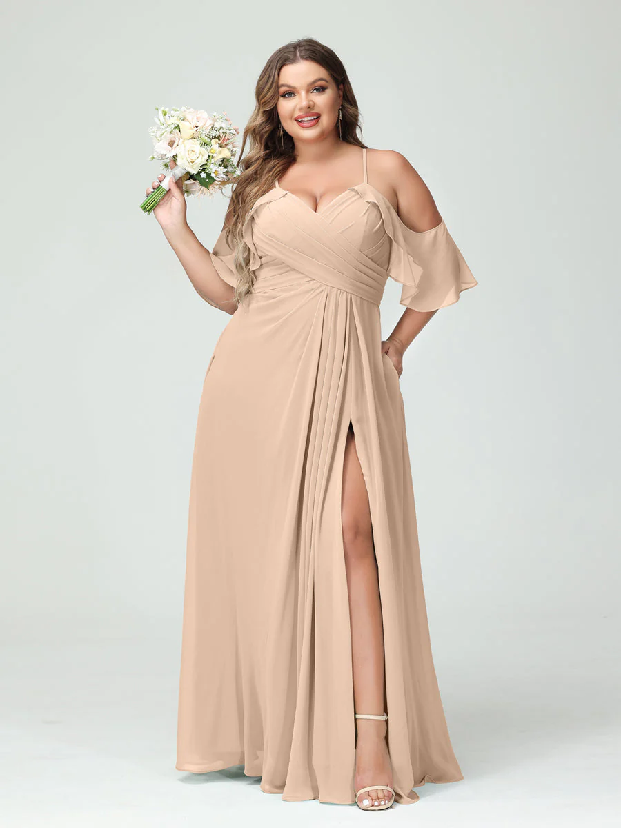 A-Line/Princess Spaghetti Straps Short Sleeves Chiffon Plus Size Bridesmaid Dresses with Pockets,Ruched Split Side - Image 30