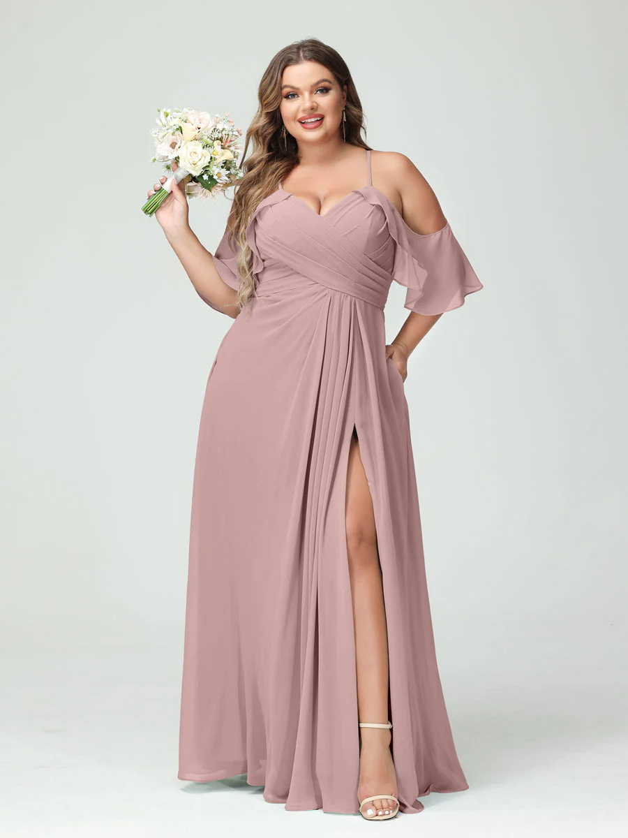 A-Line/Princess Spaghetti Straps Short Sleeves Chiffon Plus Size Bridesmaid Dresses with Pockets,Ruched Split Side - Image 31