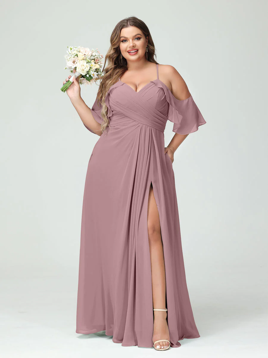 A-Line/Princess Spaghetti Straps Short Sleeves Chiffon Plus Size Bridesmaid Dresses with Pockets,Ruched Split Side - Image 32