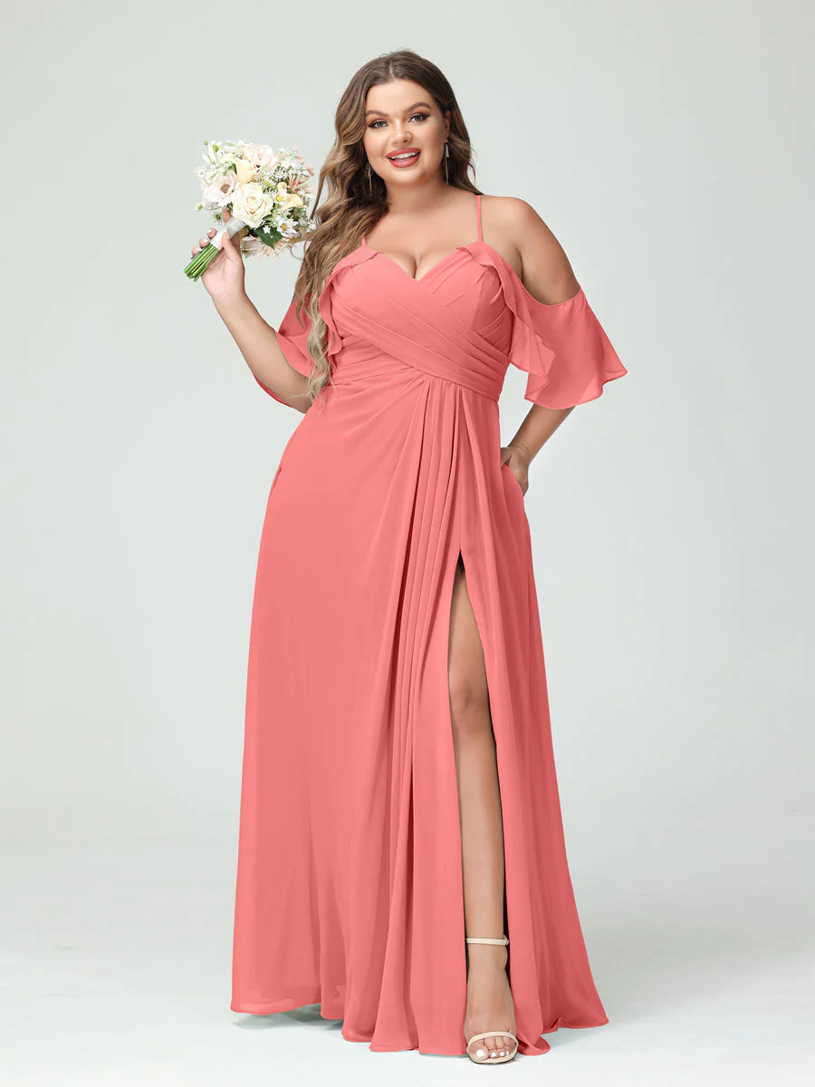 A-Line/Princess Spaghetti Straps Short Sleeves Chiffon Plus Size Bridesmaid Dresses with Pockets,Ruched Split Side - Image 33
