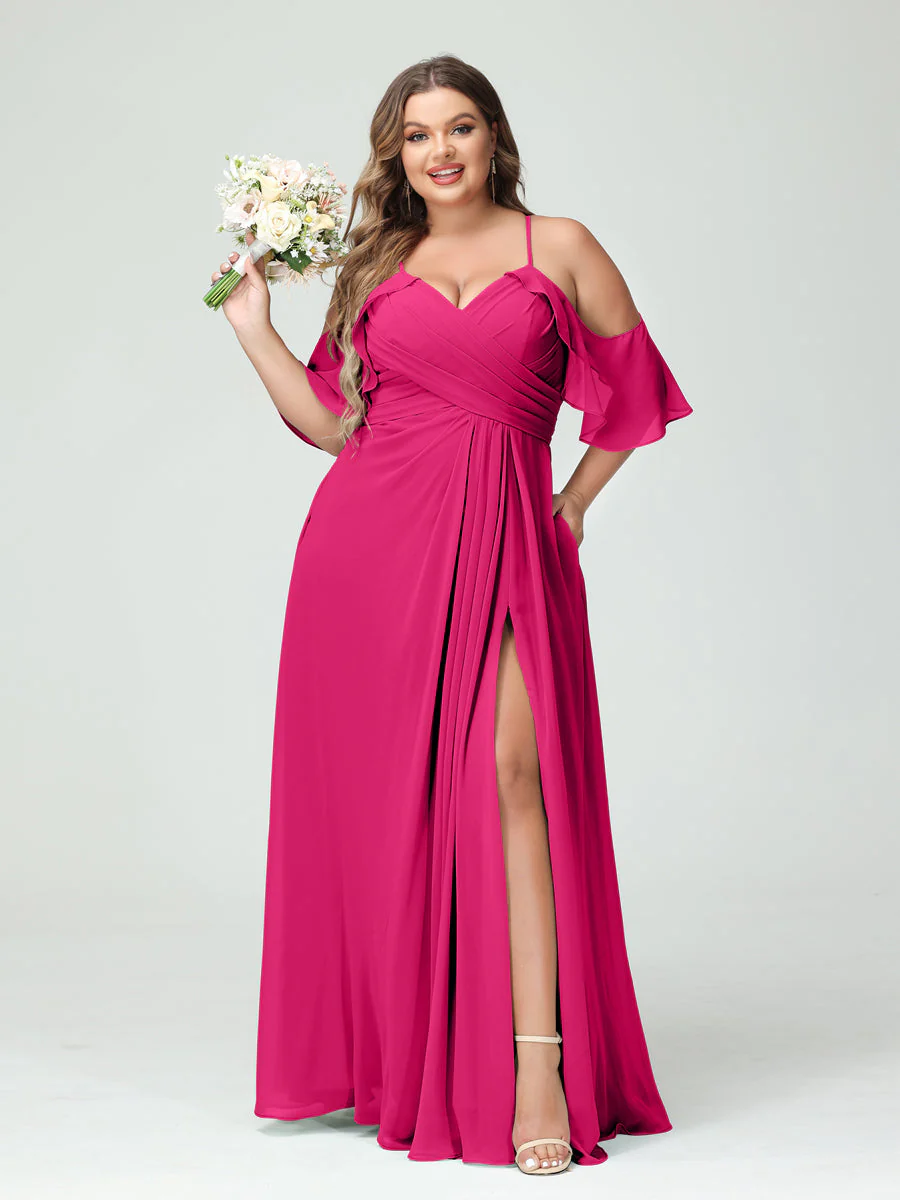 A-Line/Princess Spaghetti Straps Short Sleeves Chiffon Plus Size Bridesmaid Dresses with Pockets,Ruched Split Side - Image 35