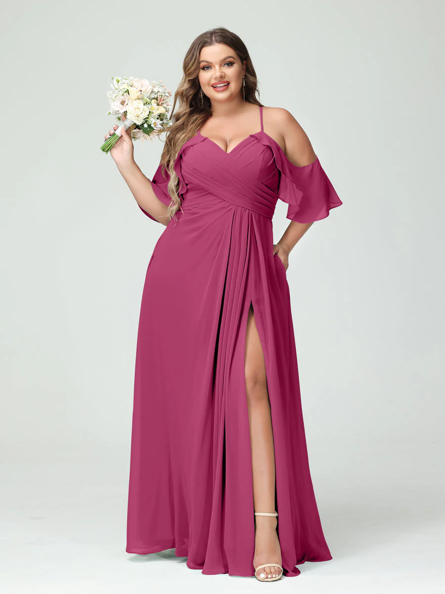 A-Line/Princess Spaghetti Straps Short Sleeves Chiffon Plus Size Bridesmaid Dresses with Pockets,Ruched Split Side - Image 36