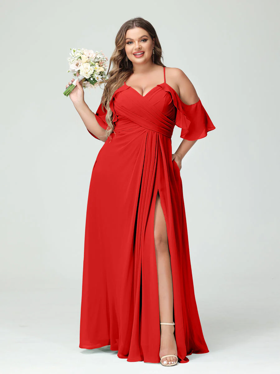A-Line/Princess Spaghetti Straps Short Sleeves Chiffon Plus Size Bridesmaid Dresses with Pockets,Ruched Split Side - Image 37