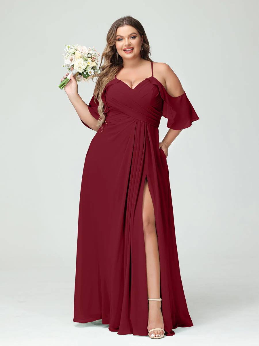 A-Line/Princess Spaghetti Straps Short Sleeves Chiffon Plus Size Bridesmaid Dresses with Pockets,Ruched Split Side - Image 38