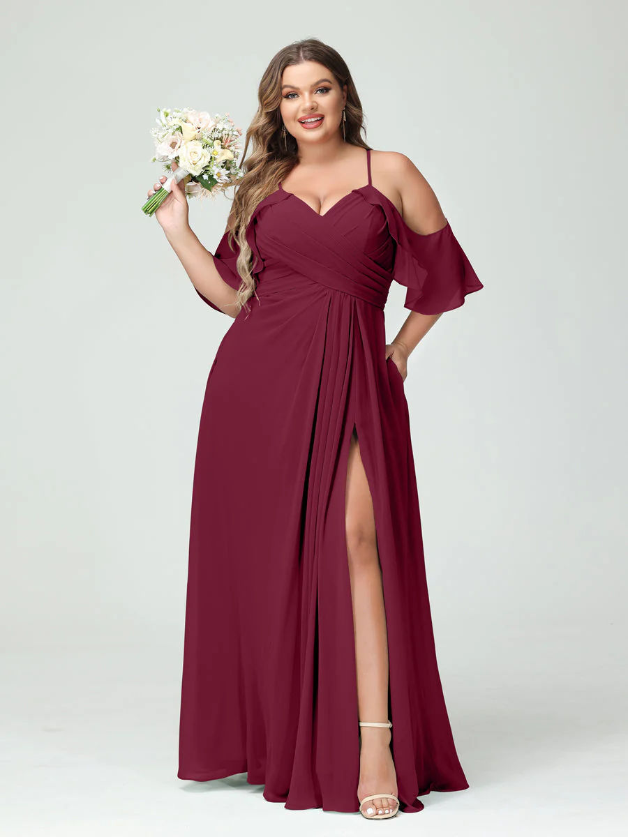 A-Line/Princess Spaghetti Straps Short Sleeves Chiffon Plus Size Bridesmaid Dresses with Pockets,Ruched Split Side - Image 39