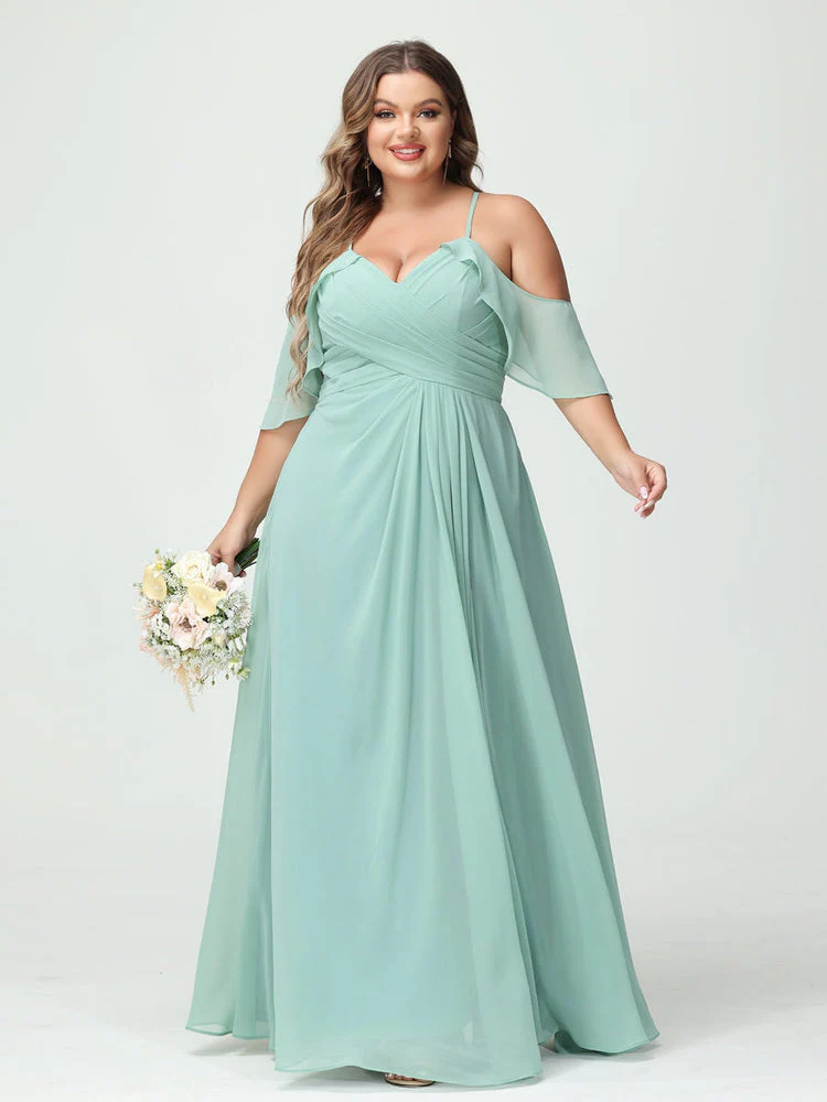 A-Line/Princess Spaghetti Straps Short Sleeves Chiffon Plus Size Bridesmaid Dresses with Pockets,Ruched Split Side - Image 4