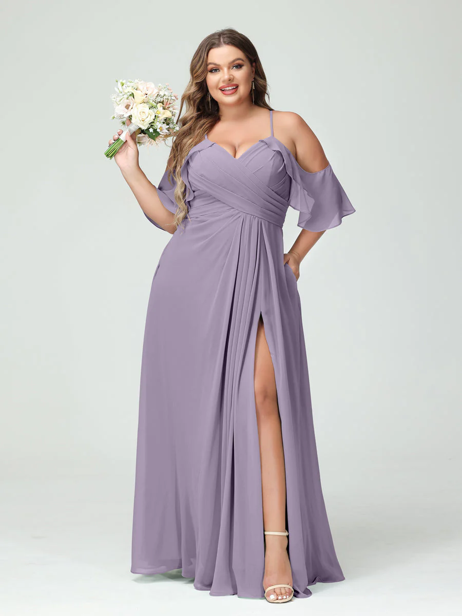 A-Line/Princess Spaghetti Straps Short Sleeves Chiffon Plus Size Bridesmaid Dresses with Pockets,Ruched Split Side - Image 40