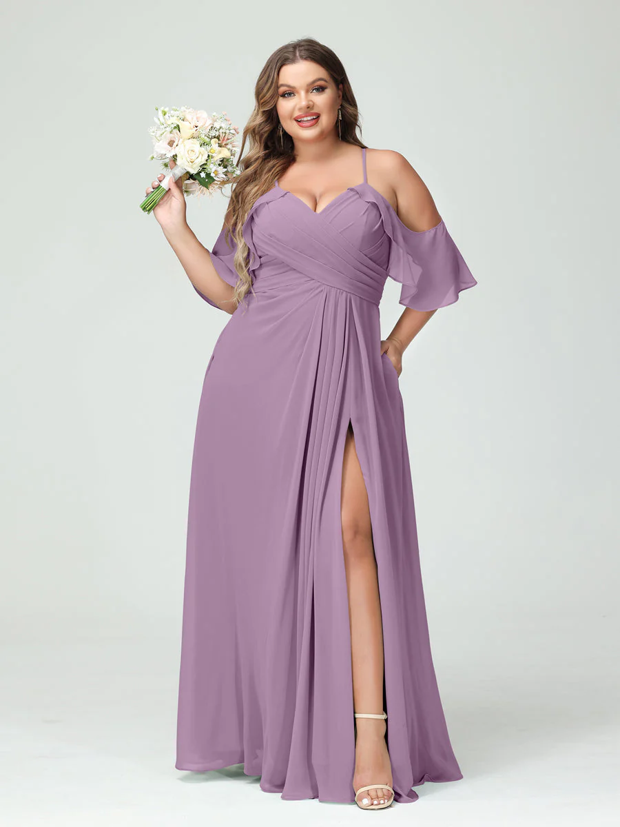 A-Line/Princess Spaghetti Straps Short Sleeves Chiffon Plus Size Bridesmaid Dresses with Pockets,Ruched Split Side - Image 41