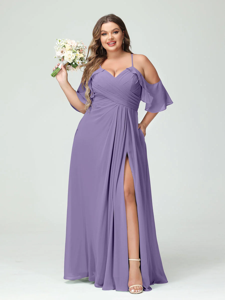 A-Line/Princess Spaghetti Straps Short Sleeves Chiffon Plus Size Bridesmaid Dresses with Pockets,Ruched Split Side - Image 42