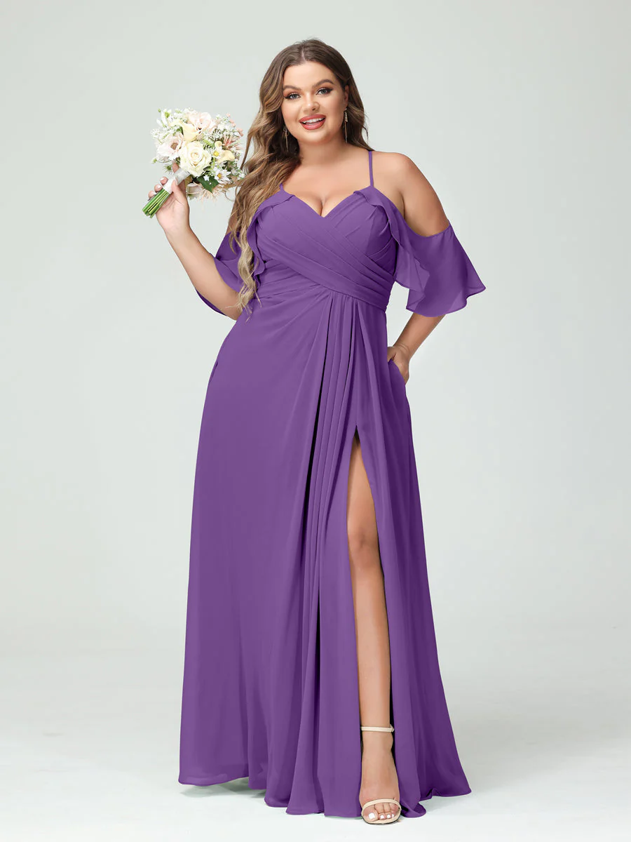 A-Line/Princess Spaghetti Straps Short Sleeves Chiffon Plus Size Bridesmaid Dresses with Pockets,Ruched Split Side - Image 43