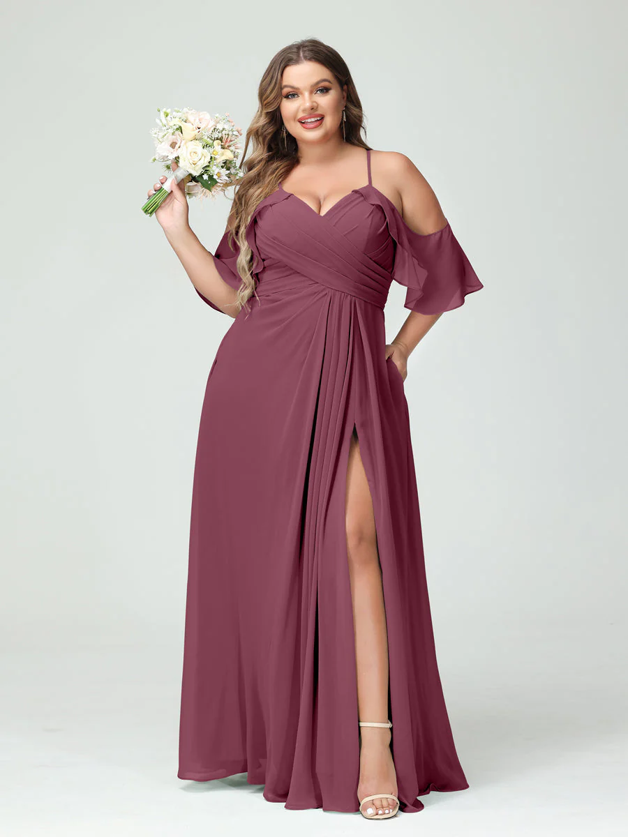 A-Line/Princess Spaghetti Straps Short Sleeves Chiffon Plus Size Bridesmaid Dresses with Pockets,Ruched Split Side - Image 44