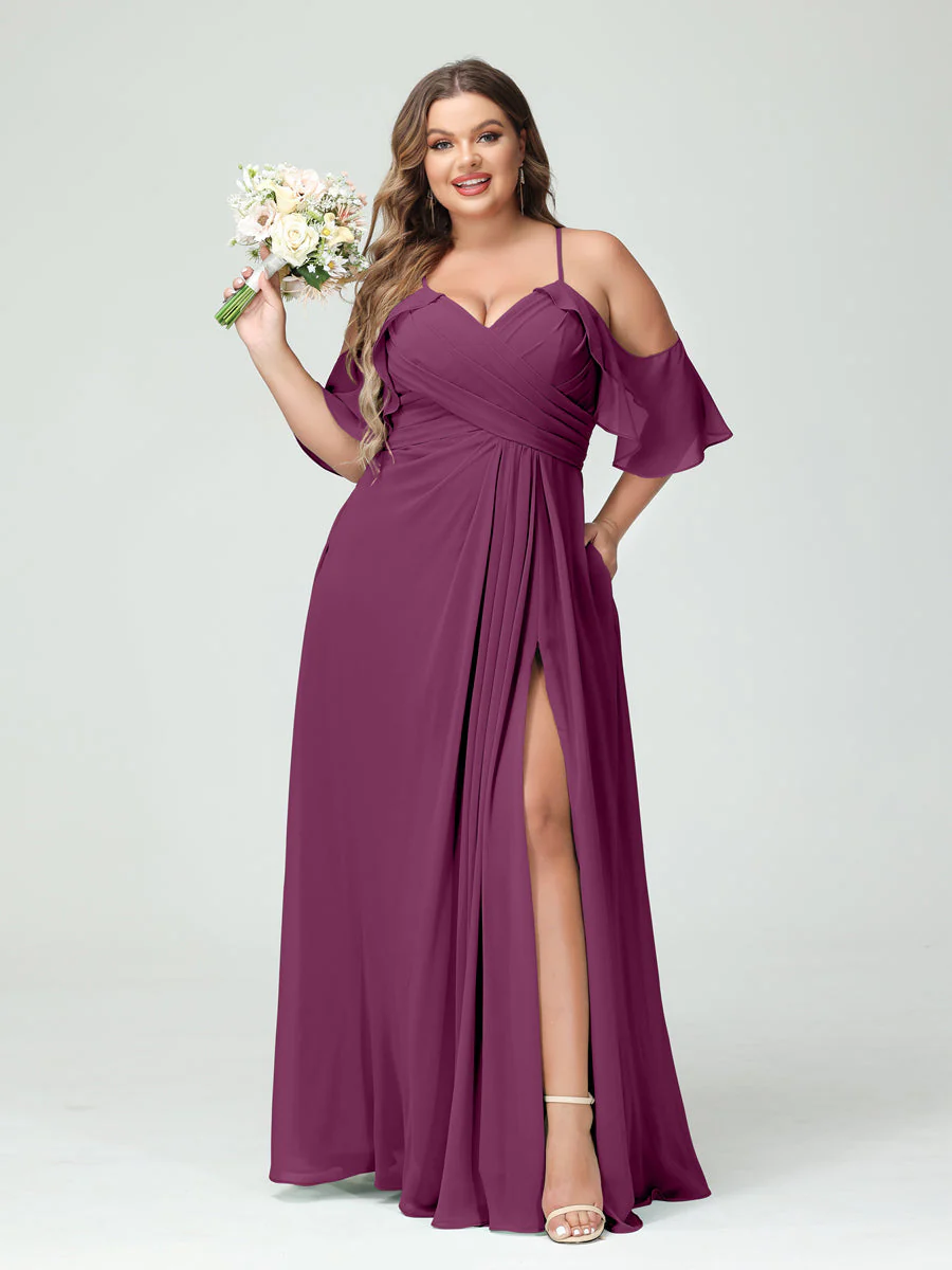 A-Line/Princess Spaghetti Straps Short Sleeves Chiffon Plus Size Bridesmaid Dresses with Pockets,Ruched Split Side - Image 45