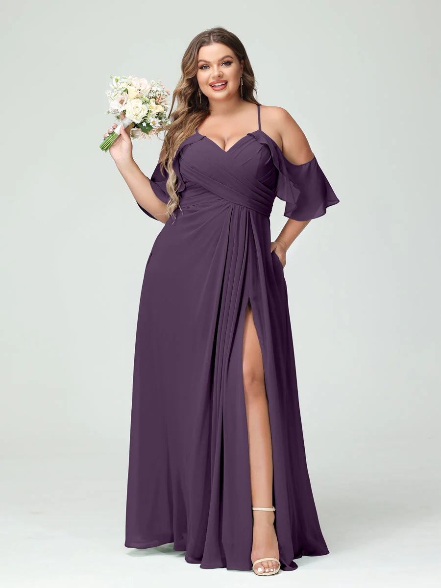 A-Line/Princess Spaghetti Straps Short Sleeves Chiffon Plus Size Bridesmaid Dresses with Pockets,Ruched Split Side - Image 47