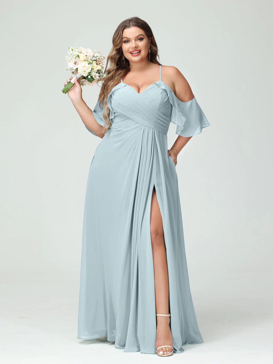 A-Line/Princess Spaghetti Straps Short Sleeves Chiffon Plus Size Bridesmaid Dresses with Pockets,Ruched Split Side - Image 48