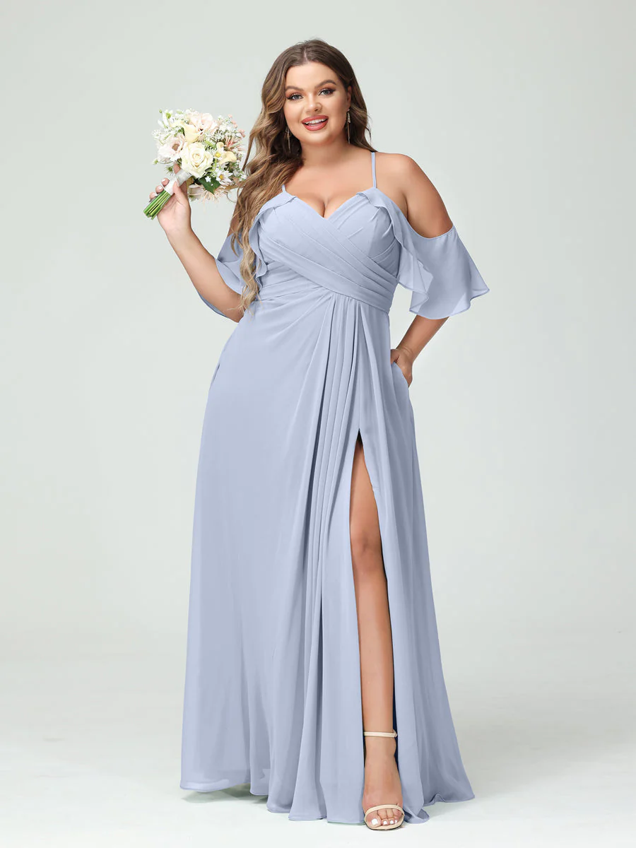 A-Line/Princess Spaghetti Straps Short Sleeves Chiffon Plus Size Bridesmaid Dresses with Pockets,Ruched Split Side - Image 49