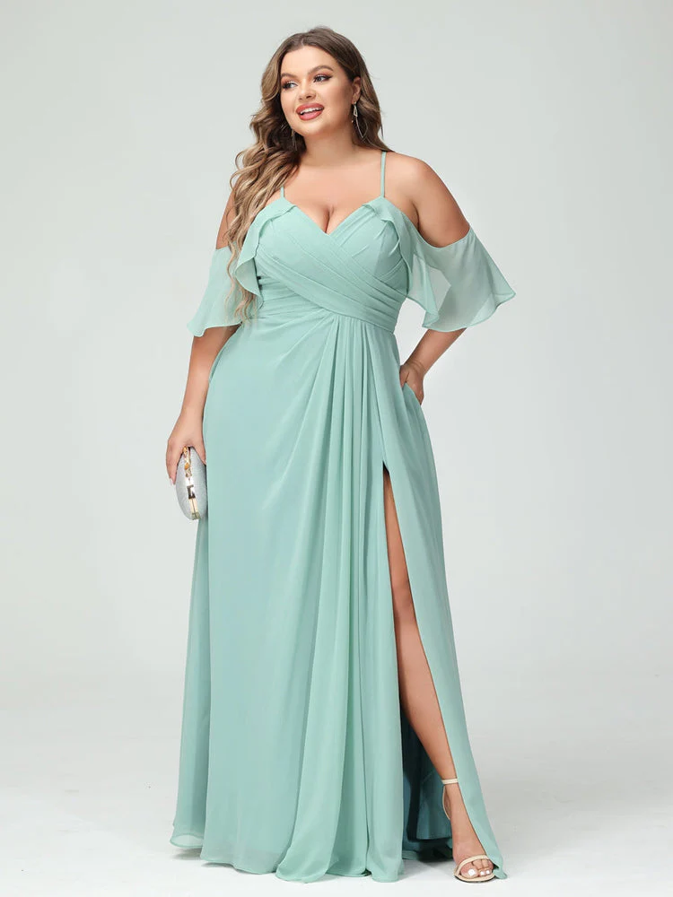 A-Line/Princess Spaghetti Straps Short Sleeves Chiffon Plus Size Bridesmaid Dresses with Pockets,Ruched Split Side - Image 5