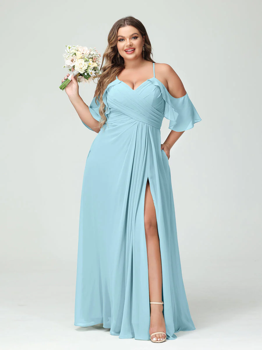 A-Line/Princess Spaghetti Straps Short Sleeves Chiffon Plus Size Bridesmaid Dresses with Pockets,Ruched Split Side - Image 50