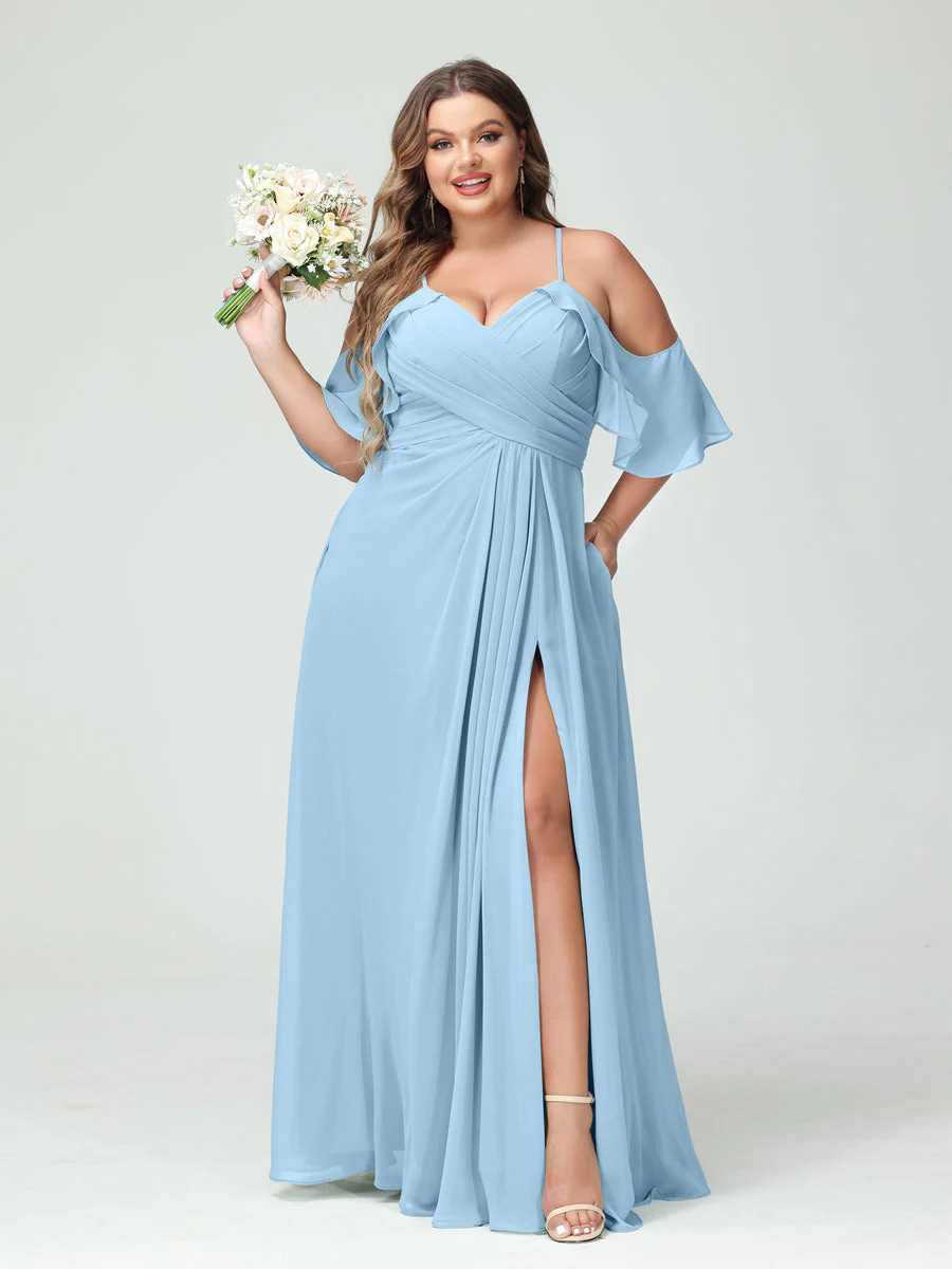 A-Line/Princess Spaghetti Straps Short Sleeves Chiffon Plus Size Bridesmaid Dresses with Pockets,Ruched Split Side - Image 51
