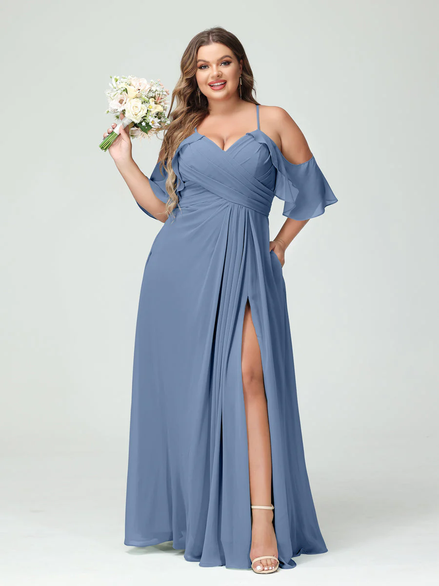 A-Line/Princess Spaghetti Straps Short Sleeves Chiffon Plus Size Bridesmaid Dresses with Pockets,Ruched Split Side - Image 52