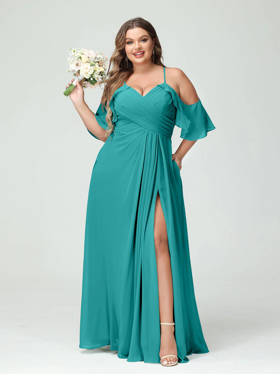 A-Line/Princess Spaghetti Straps Short Sleeves Chiffon Plus Size Bridesmaid Dresses with Pockets,Ruched Split Side - Image 53