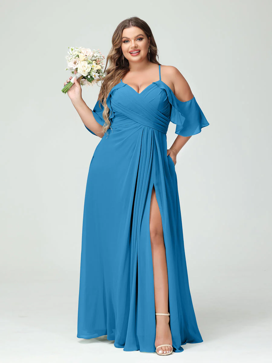A-Line/Princess Spaghetti Straps Short Sleeves Chiffon Plus Size Bridesmaid Dresses with Pockets,Ruched Split Side - Image 54