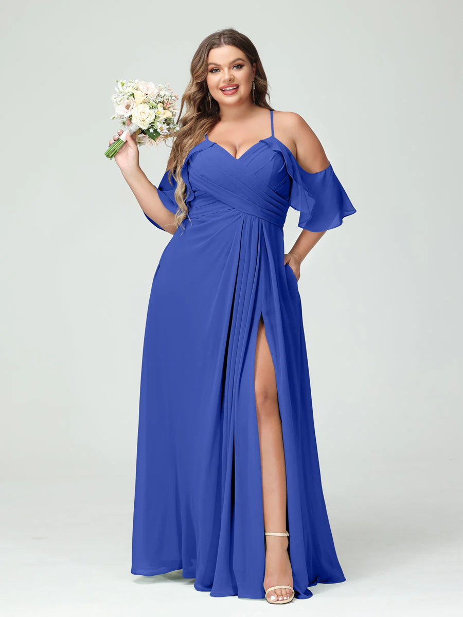 A-Line/Princess Spaghetti Straps Short Sleeves Chiffon Plus Size Bridesmaid Dresses with Pockets,Ruched Split Side - Image 55