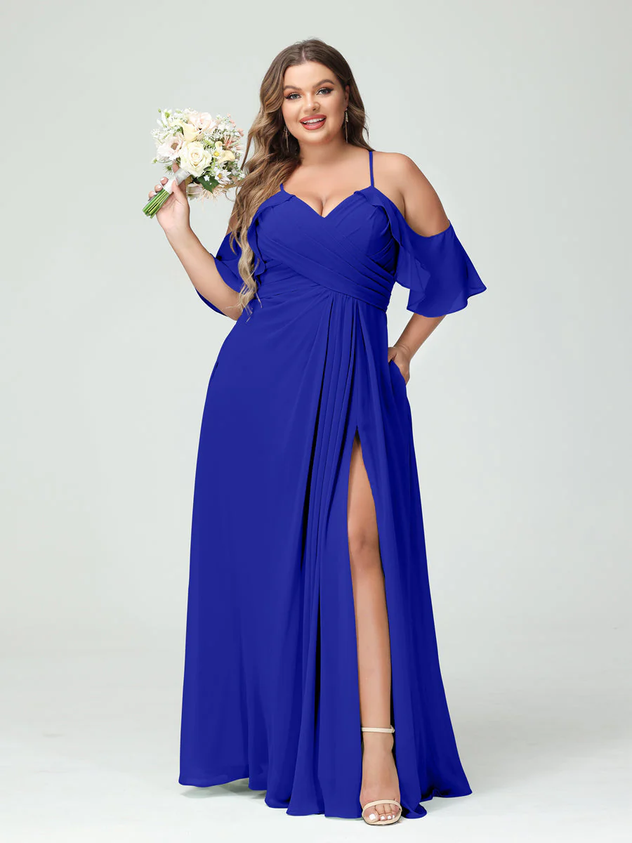 A-Line/Princess Spaghetti Straps Short Sleeves Chiffon Plus Size Bridesmaid Dresses with Pockets,Ruched Split Side - Image 56