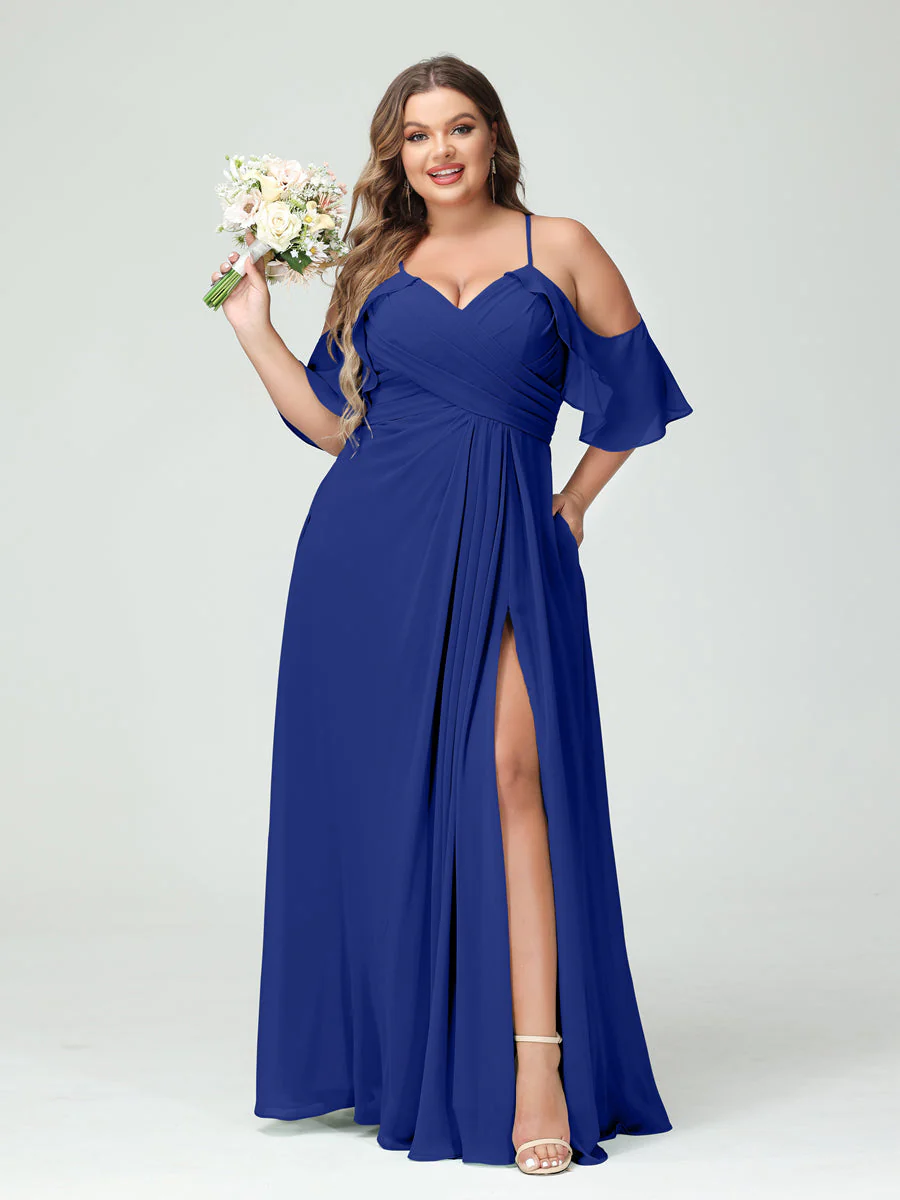 A-Line/Princess Spaghetti Straps Short Sleeves Chiffon Plus Size Bridesmaid Dresses with Pockets,Ruched Split Side - Image 57