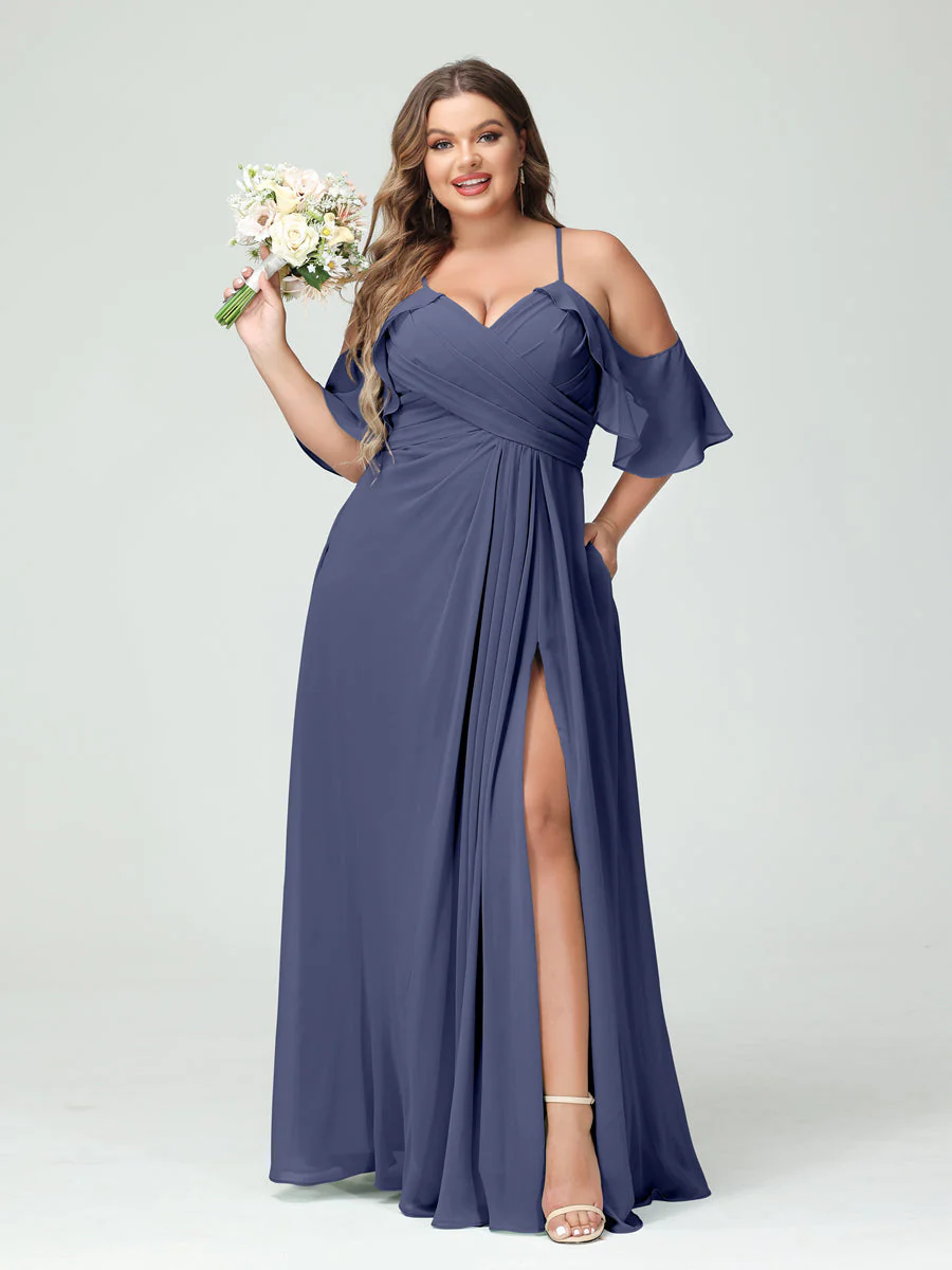 A-Line/Princess Spaghetti Straps Short Sleeves Chiffon Plus Size Bridesmaid Dresses with Pockets,Ruched Split Side - Image 58