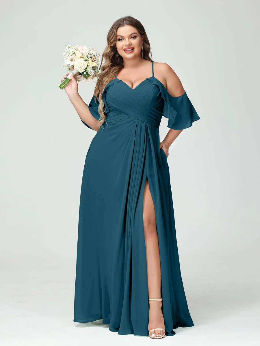 A-Line/Princess Spaghetti Straps Short Sleeves Chiffon Plus Size Bridesmaid Dresses with Pockets,Ruched Split Side - Image 59
