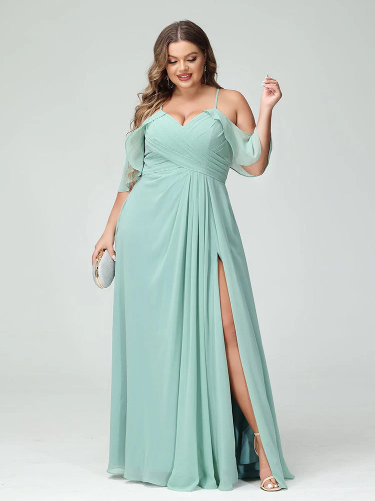A-Line/Princess Spaghetti Straps Short Sleeves Chiffon Plus Size Bridesmaid Dresses with Pockets,Ruched Split Side - Image 6