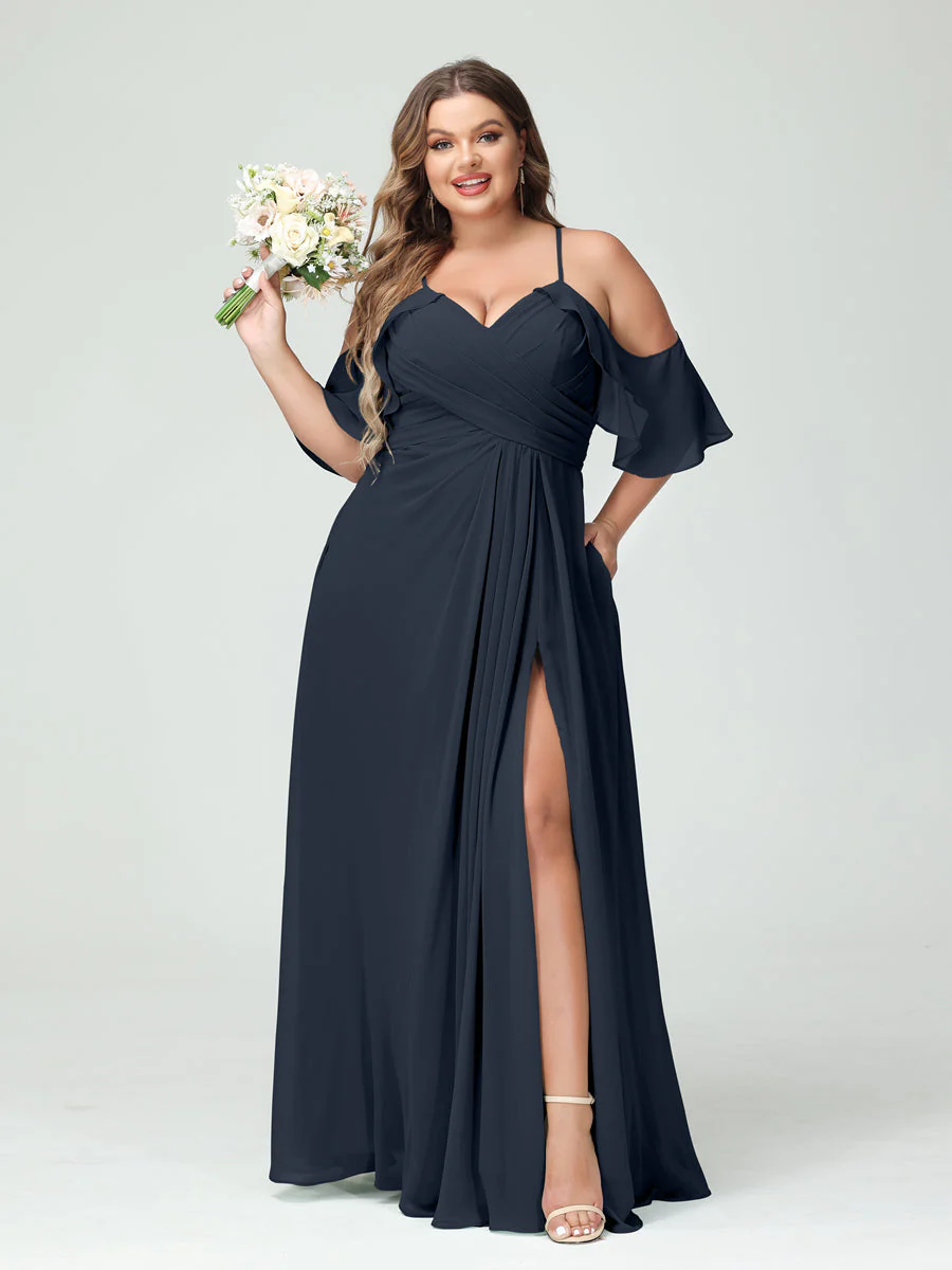 A-Line/Princess Spaghetti Straps Short Sleeves Chiffon Plus Size Bridesmaid Dresses with Pockets,Ruched Split Side - Image 60