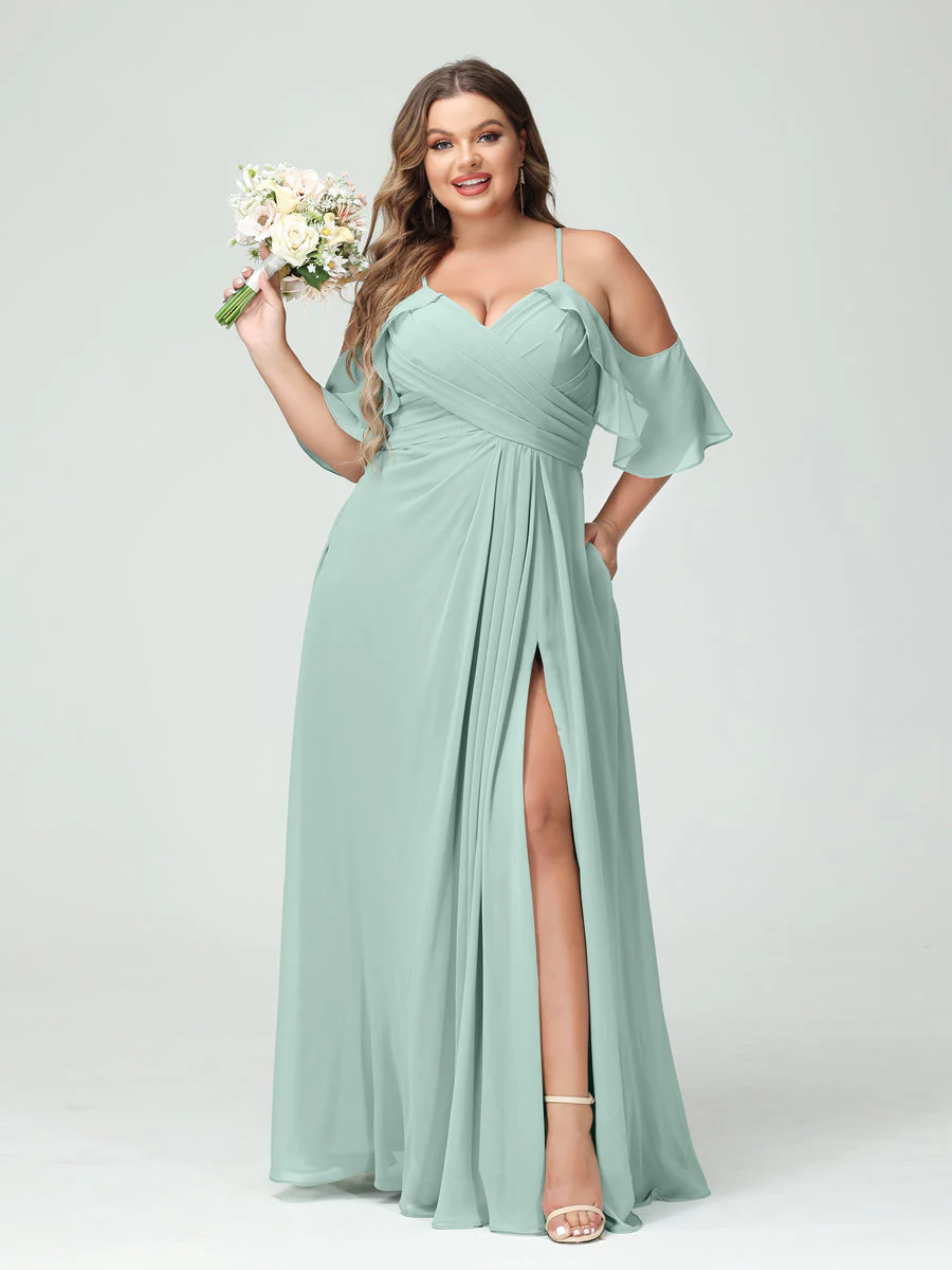 A-Line/Princess Spaghetti Straps Short Sleeves Chiffon Plus Size Bridesmaid Dresses with Pockets,Ruched Split Side - Image 61