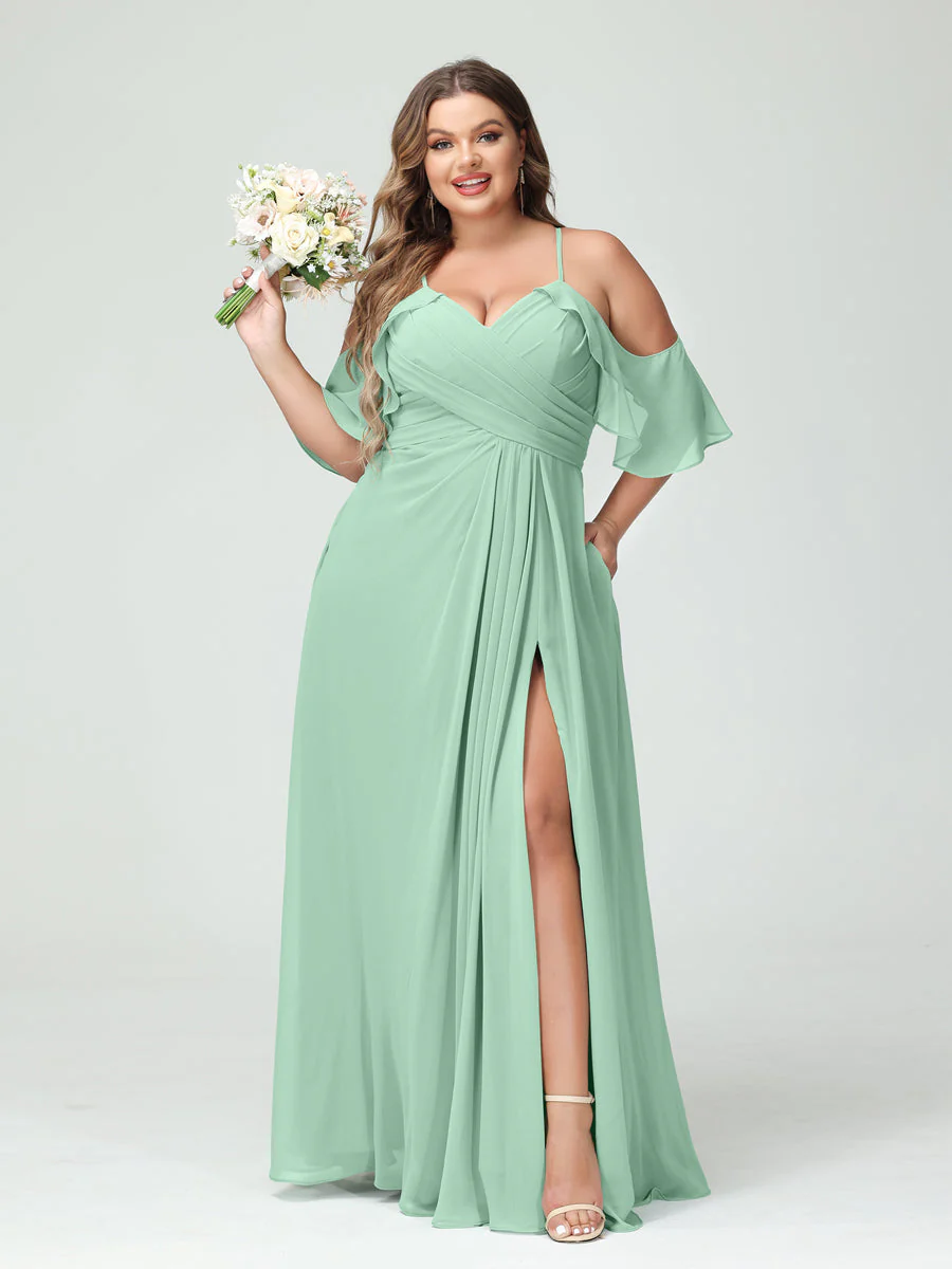 A-Line/Princess Spaghetti Straps Short Sleeves Chiffon Plus Size Bridesmaid Dresses with Pockets,Ruched Split Side - Image 62