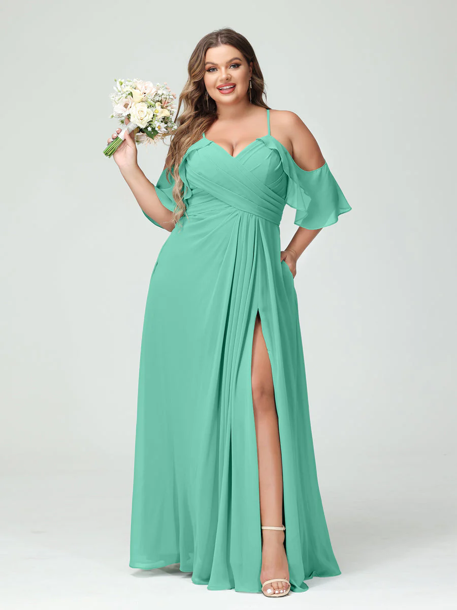 A-Line/Princess Spaghetti Straps Short Sleeves Chiffon Plus Size Bridesmaid Dresses with Pockets,Ruched Split Side - Image 63
