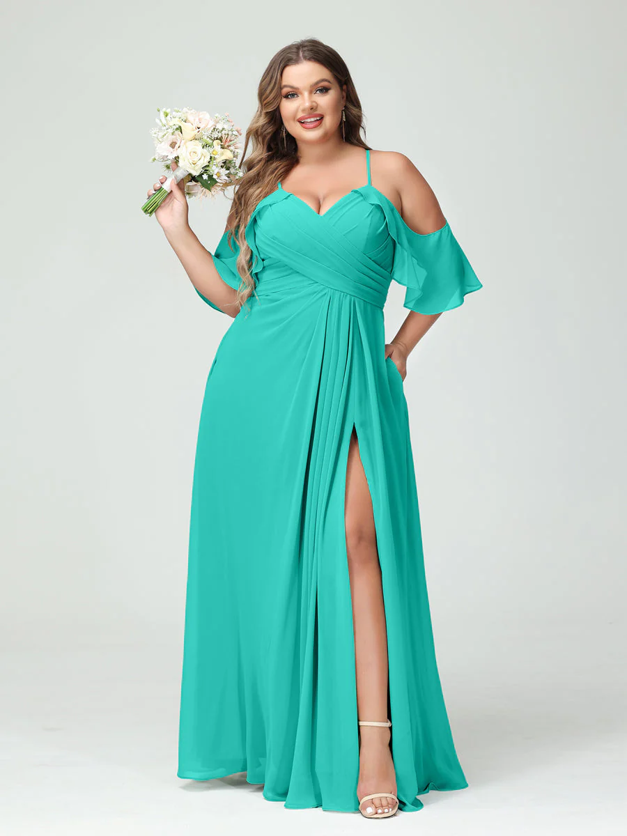 A-Line/Princess Spaghetti Straps Short Sleeves Chiffon Plus Size Bridesmaid Dresses with Pockets,Ruched Split Side - Image 64