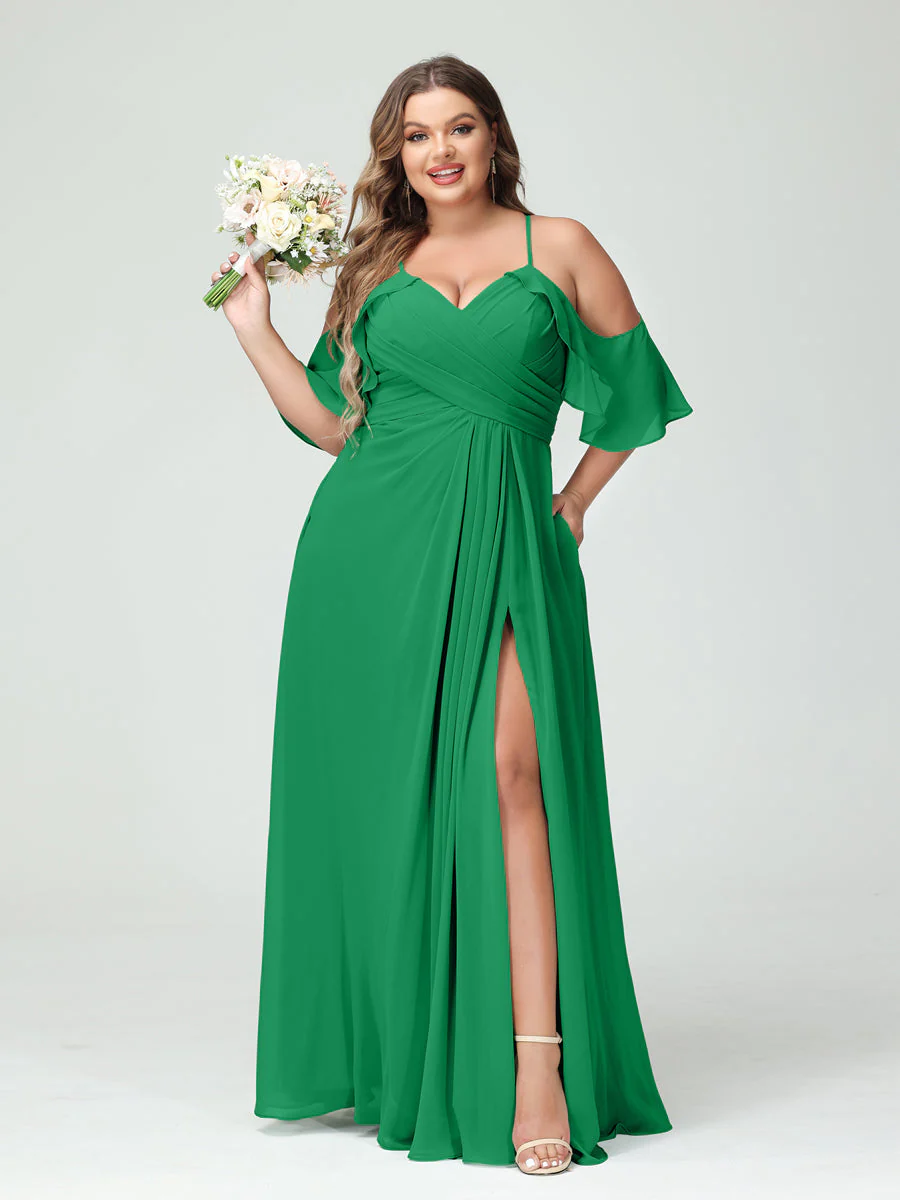 A-Line/Princess Spaghetti Straps Short Sleeves Chiffon Plus Size Bridesmaid Dresses with Pockets,Ruched Split Side - Image 65