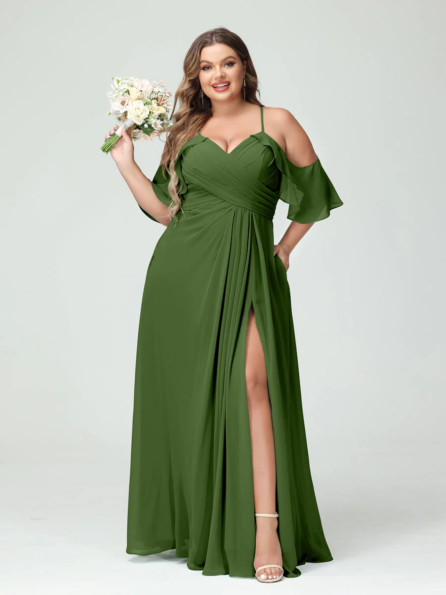 A-Line/Princess Spaghetti Straps Short Sleeves Chiffon Plus Size Bridesmaid Dresses with Pockets,Ruched Split Side - Image 66