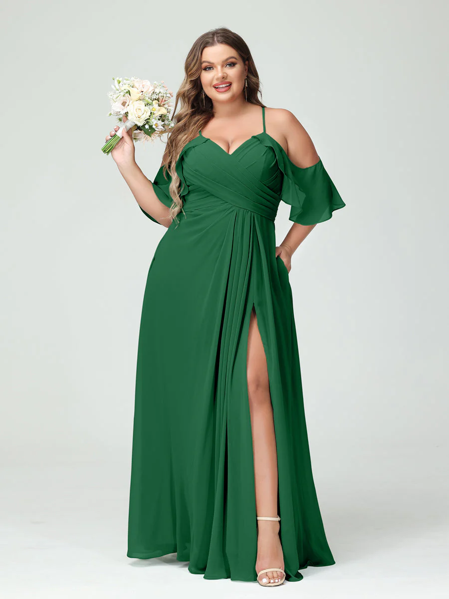 A-Line/Princess Spaghetti Straps Short Sleeves Chiffon Plus Size Bridesmaid Dresses with Pockets,Ruched Split Side - Image 68