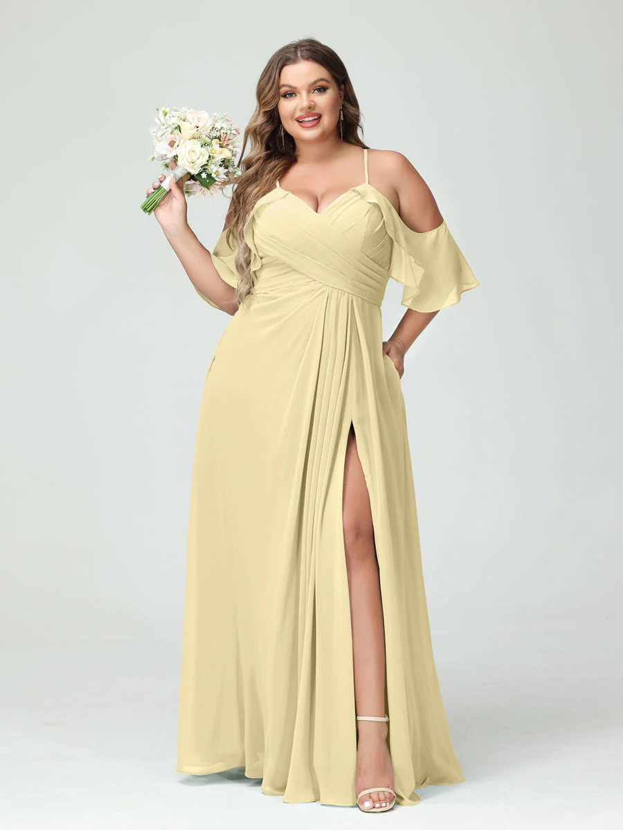A-Line/Princess Spaghetti Straps Short Sleeves Chiffon Plus Size Bridesmaid Dresses with Pockets,Ruched Split Side - Image 69