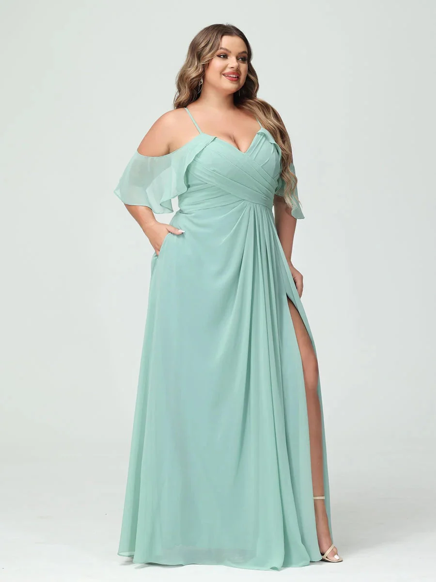 A-Line/Princess Spaghetti Straps Short Sleeves Chiffon Plus Size Bridesmaid Dresses with Pockets,Ruched Split Side - Image 7