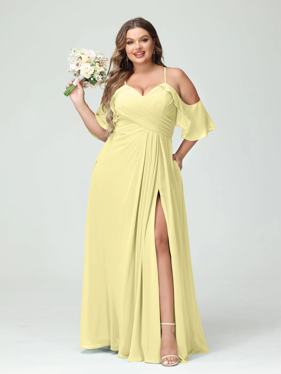 A-Line/Princess Spaghetti Straps Short Sleeves Chiffon Plus Size Bridesmaid Dresses with Pockets,Ruched Split Side - Image 70