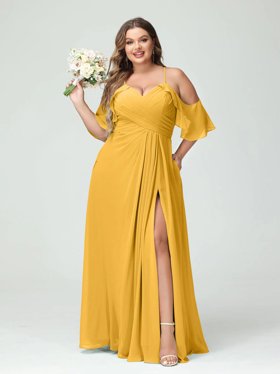 A-Line/Princess Spaghetti Straps Short Sleeves Chiffon Plus Size Bridesmaid Dresses with Pockets,Ruched Split Side - Image 71