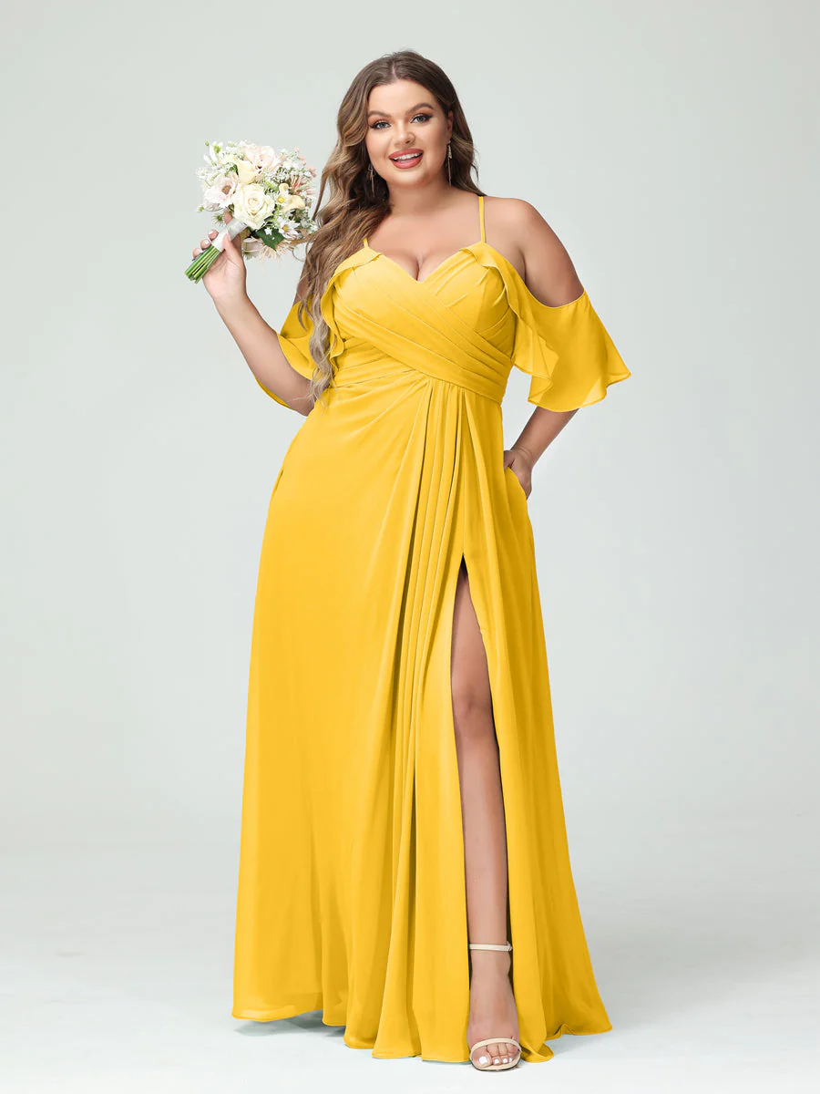 A-Line/Princess Spaghetti Straps Short Sleeves Chiffon Plus Size Bridesmaid Dresses with Pockets,Ruched Split Side - Image 72
